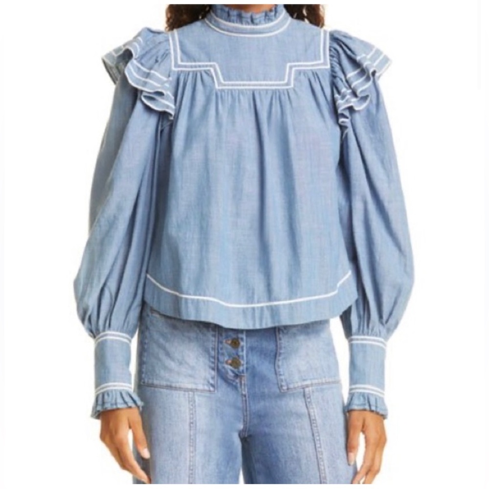 Ulla Johnson Ester Chambray Blue Ruffled Blouse with velvet trim